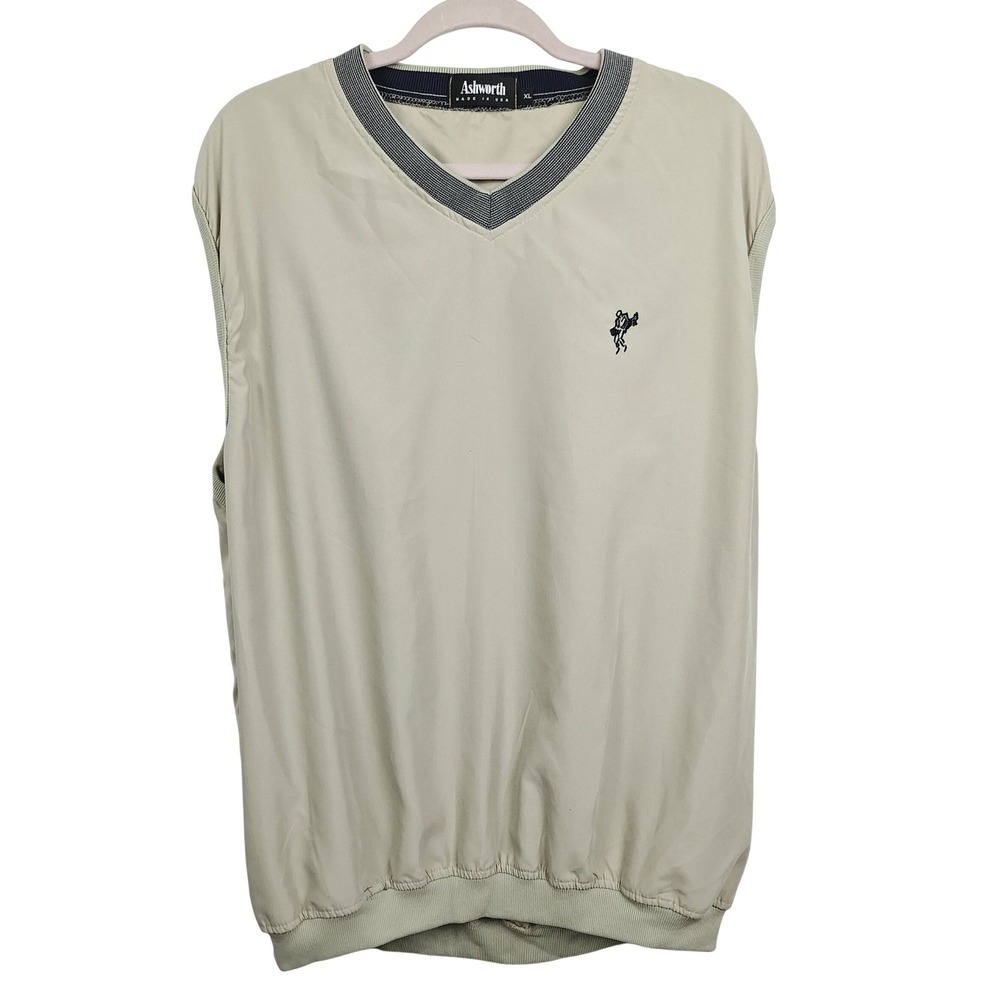 Ashworth Mens XL Golf Vest V-Neck Tan Khaki Made in USA Pullover Side Pockets